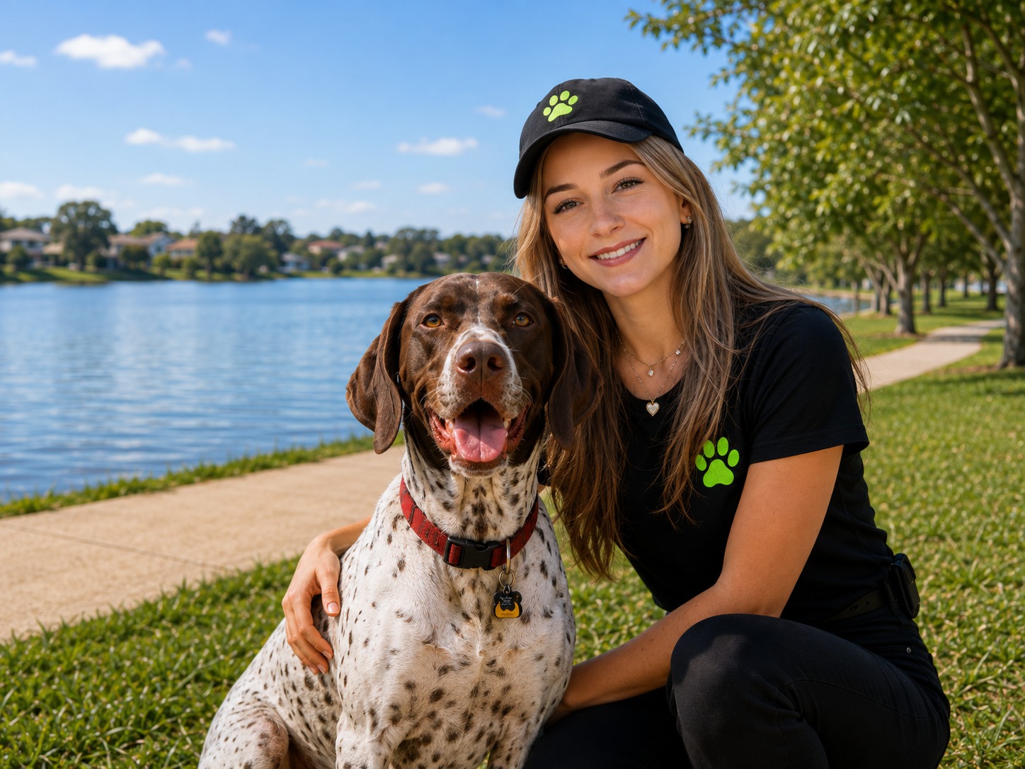 Milla, the walker behind Walks for Paws, out on a Brisbane walk with her dog Pagode